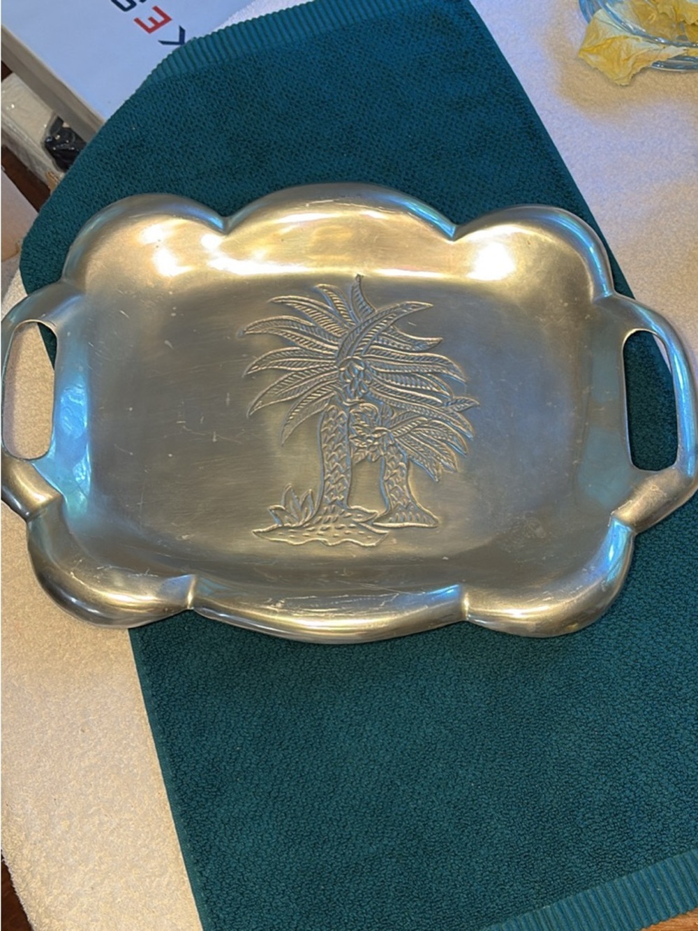 Vintage Palm Tree Embossed Hammered Aluminum Serving Tray - Silver